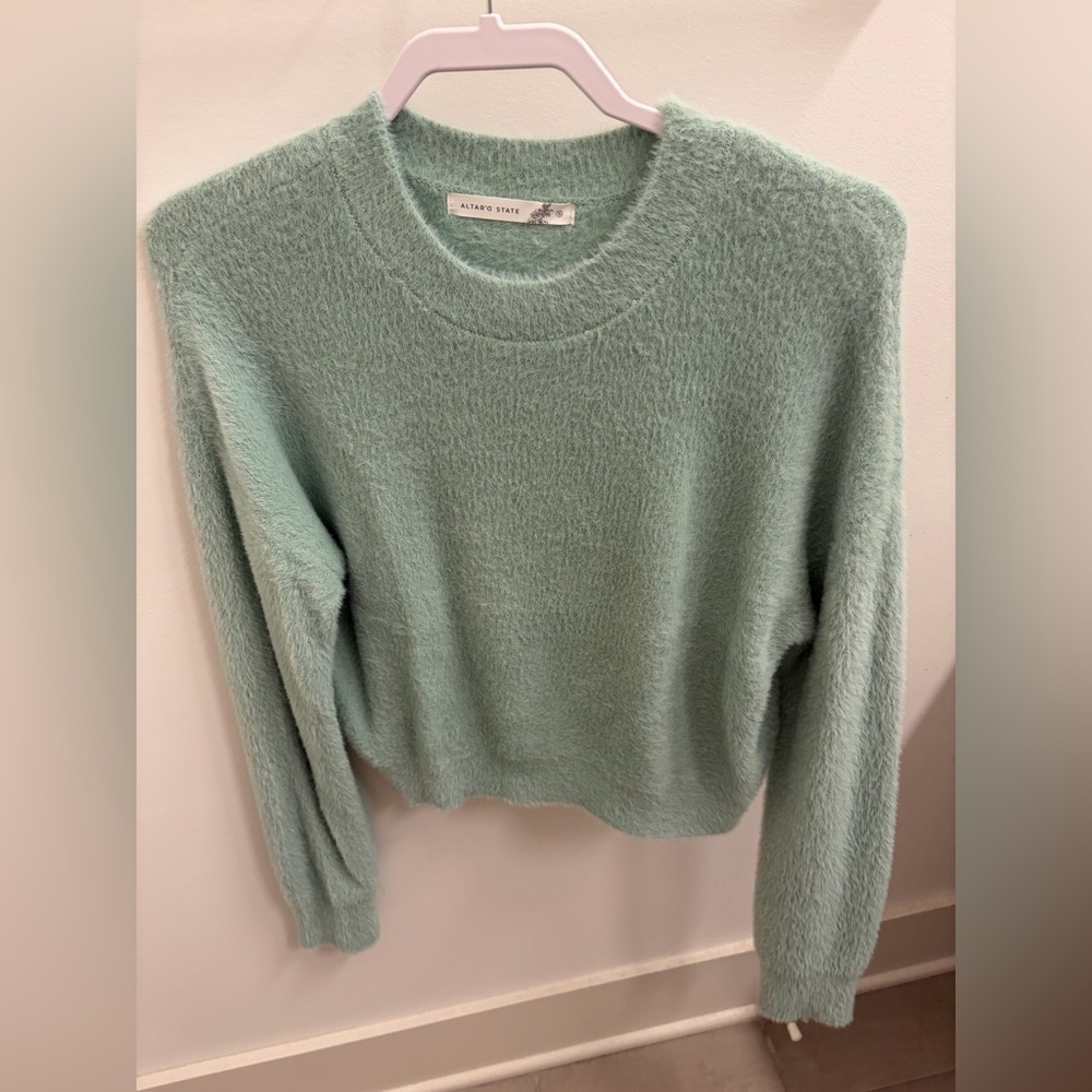 Altar'd State Seafoam Fuzzy Crewneck Sweater